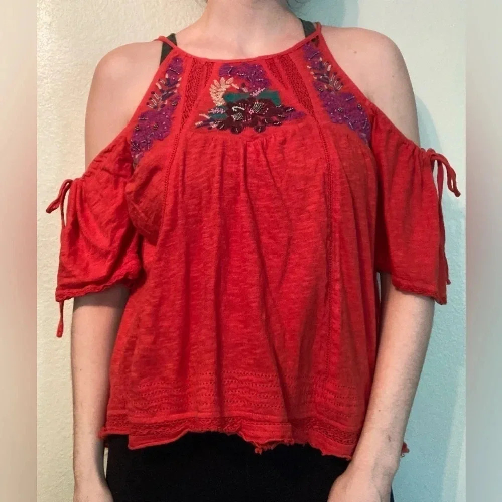 Free People Red Cold Shoulder Tunic Top High Low Hem Size Small Boho Flow Top